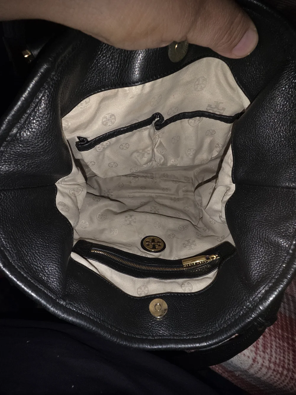 Tory Burch Black Leather Tote with Gold Logo Medallion